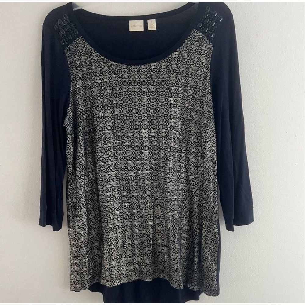Chico’s Top Blouse Women size 1 long sleeves navy blue bout neck